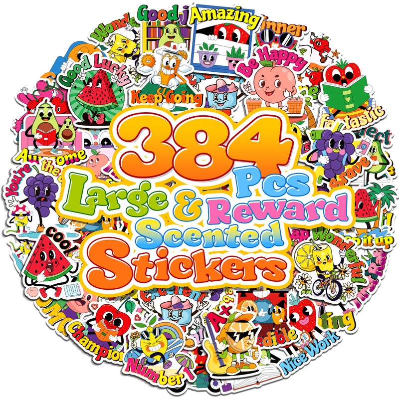 HORIECHALY 384PCS Scratch and Sniff Stickers for Kids, Large Scented Reward Smelly Fruits Stickers, Motivational Incentive Fun Sticker with Positive Words for Students School Teachers Must Haves, 32 Designs - Image 1