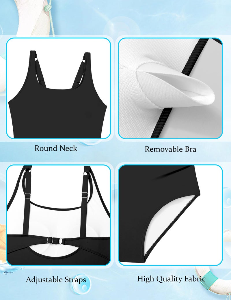 Dearnow Teen Swimsuits for Girls 12-14 One Piece Ruched Black Solid Color Adjustable Straps Pad Girls Bathing Suit Swimwear - Image 5