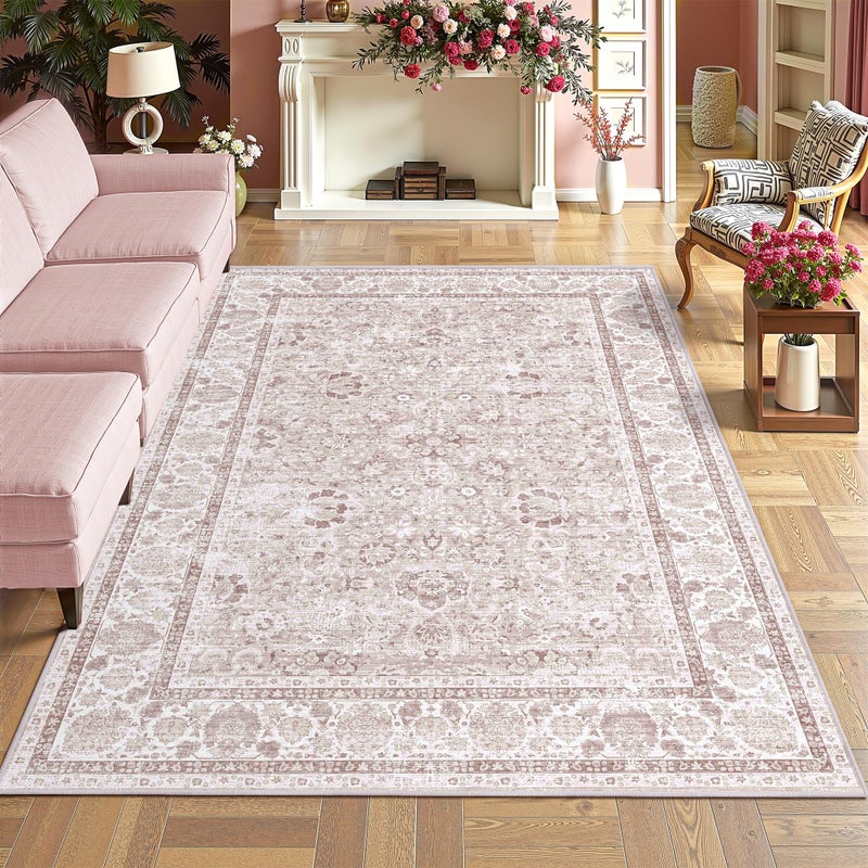 Deerly Pink Area Rugs 5x7 Nursery Rug for Baby Girl Neutral Floral Area Rug for Living Room, Vintage Boho Washable Rug Indoor Carpet for Bedroom Dining Room - Image 2
