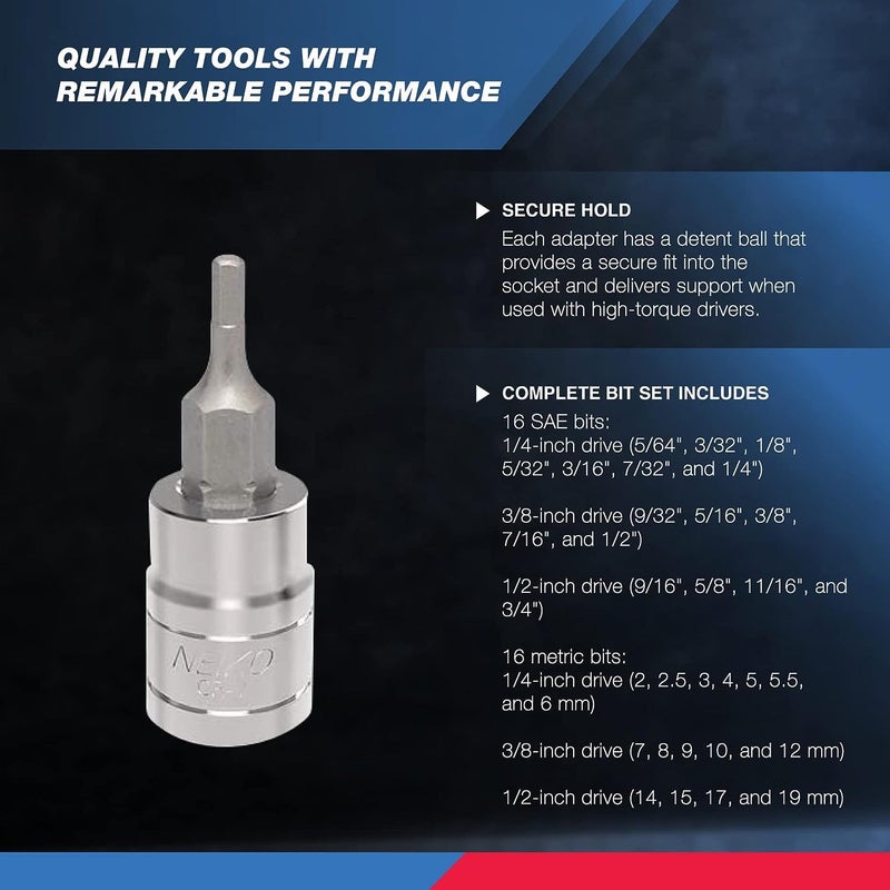 Neiko NEIKO 10288A Allen Hex Bit Socket Set, 32 Piece SAE and Metric Allen Socket Set, Allen Head Hex Key Socket Set Made with S2 Steel  - Image 3