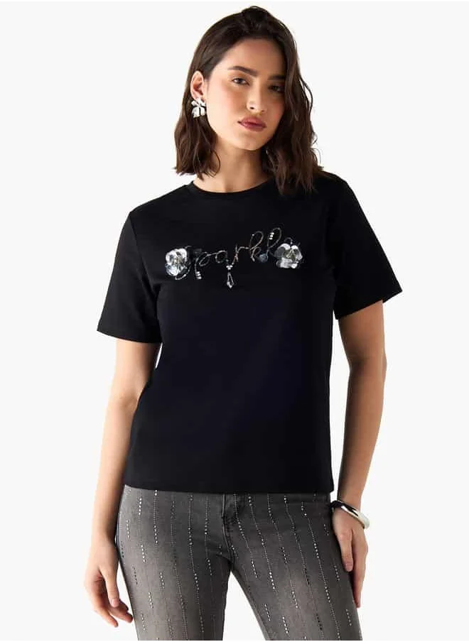 2Xtremz 2Xtremz Embellished Crew Neck T-shirt with Short Sleeves