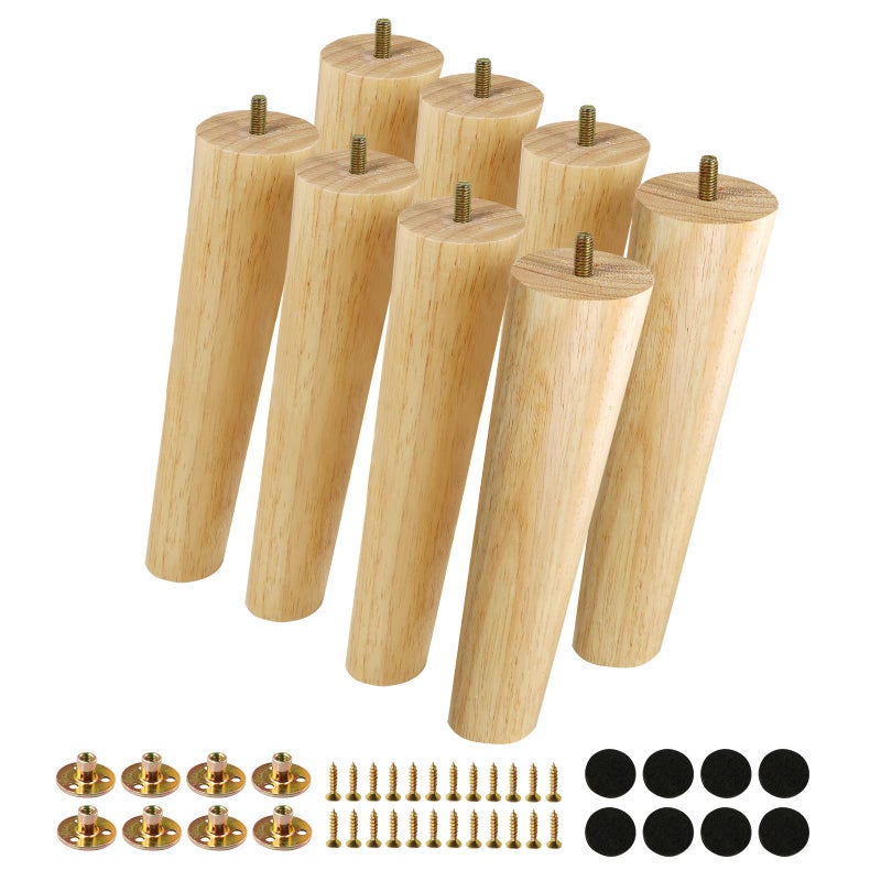 Fodau770 Rubber Wood Furniture Legs 8 Inches, Slant Tapered Wood Legs Mid Century Sofa Legs Set Of 8, 5/16"" Unc Furniture Feet Replacement Legs For Cabinet Sofa Couch Dresser Chair Ottoman Table - Image 1