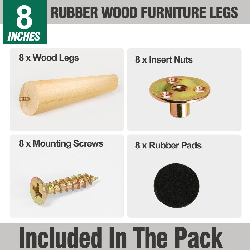 Fodau770 Rubber Wood Furniture Legs 8 Inches, Slant Tapered Wood Legs Mid Century Sofa Legs Set Of 8, 5/16"" Unc Furniture Feet Replacement Legs For Cabinet Sofa Couch Dresser Chair Ottoman Table - Image 2