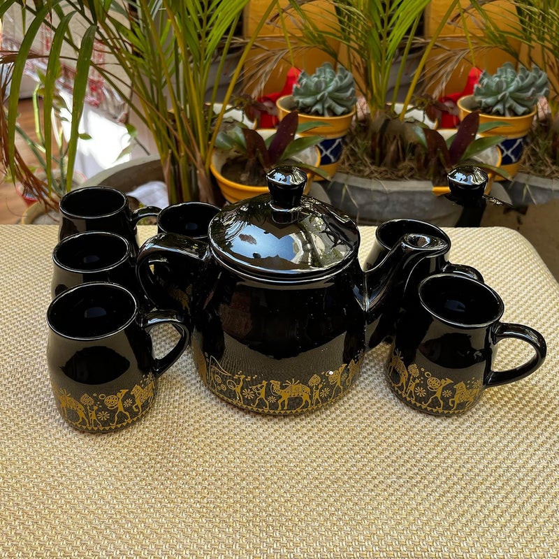 KunhaR Ceramic Morning Set Black Shine 6 Cups and 1 Teapot - Image 1