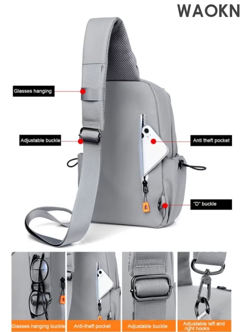 WAOKN Grey Crossbody Backpack, Lightweight Shoulder Bag for Men Women, Adjustable Strap Backpack Chest Bag, Multi functional leisure chest bag，Scratch-Resistant, Waterproof, For Outdoor Hiking, Traveling, Cycling. - Image 2