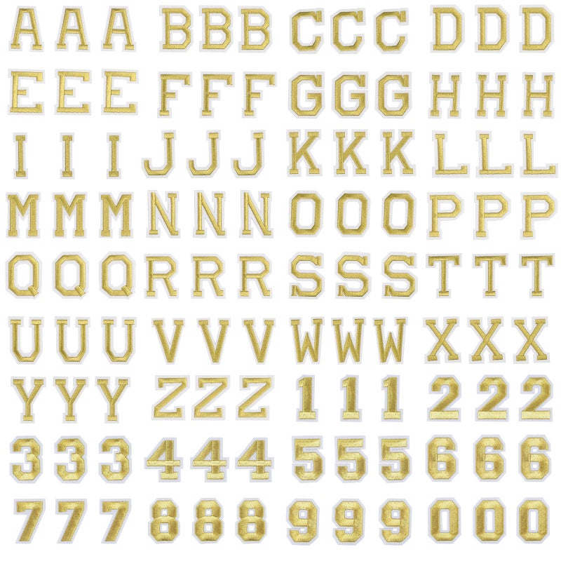 Coopay Coopay 108 Pieces Letter Number Iron on Patches Alphabet Sew on Appliques with AZ Letter 09 Number Badge Decorate Repair Patches for Jeans Shirts Hats Shoes Bags Clothing Supplies Gold