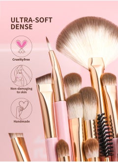 docolor Eye Makeup Brushes 15Pcs Eyeshadow Brush Set with Soft Synthetic Hairs Professional Eye Shadow Blending Concealer Eyebrow Eyelash Eye Liners Premium Eye Make Up Brushes Set (Pink)  - Image 3