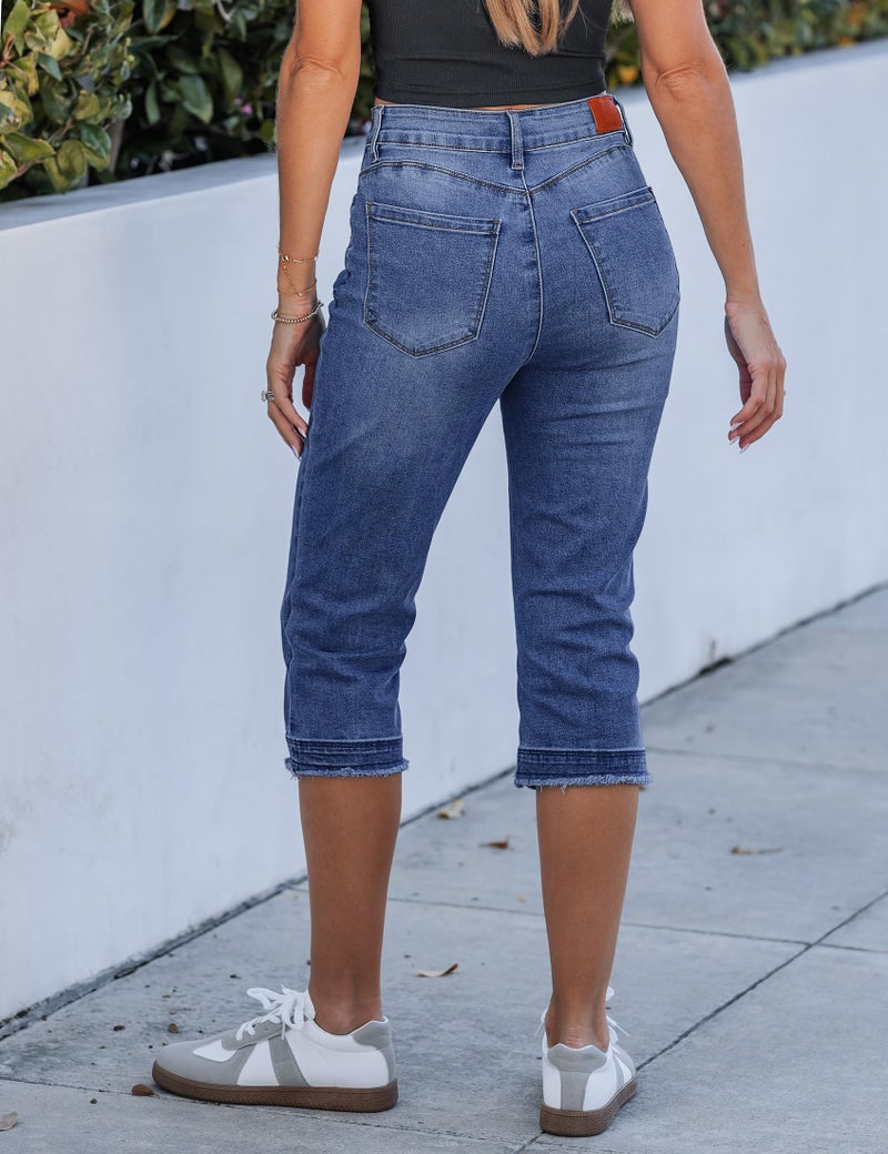 luvamia Relaxed Fit Jean Capris for Women Jeans Woman Capri Raw Hem Jeans forWoman Classic Blue Large - Image 2