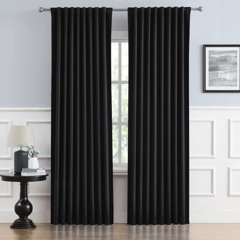 DUALIFE Black Out Curtain Panels Tab Back and Rod Pocket Sundproof Thermal Insulated Long Black Solid CurtainsDrapes for Sliding Glass Door HallDining Room 52 Wide by 90 Inches Long Set of 2