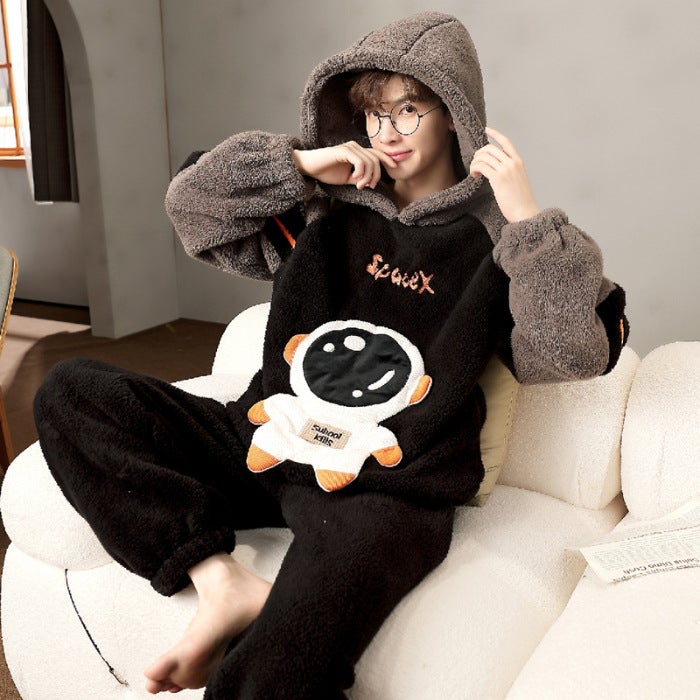 Coral Fleece Pajamas Men's Winter Hooded Fleece Plus Cartoon Cute Dinosaur Plus Size Teenager Home Suit - Image 1