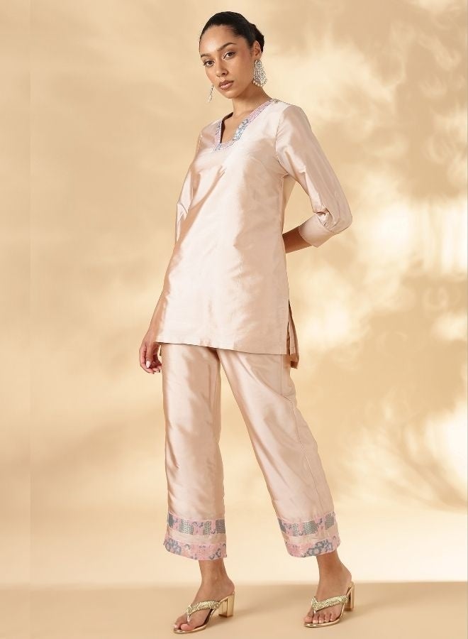 Abhishti High-Low Kurta with Broad Straight Pants with Brocade Details - Image 3