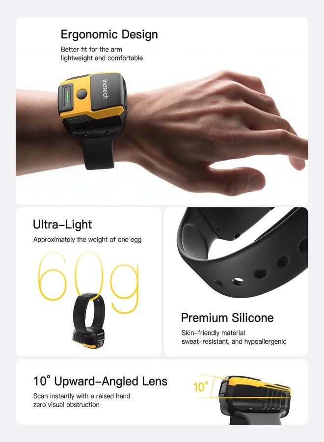Inateck Wearable 2D Barcode Scanner, Hands-Free Watch QR Reader with Voice Control, 1MP CMOS, Bluetooth 5.3 & 2.4G Wireless, 10° Ergonomic Tilt for Inventory Sorting, 60g Lightweight, Nano 370 - Image 2