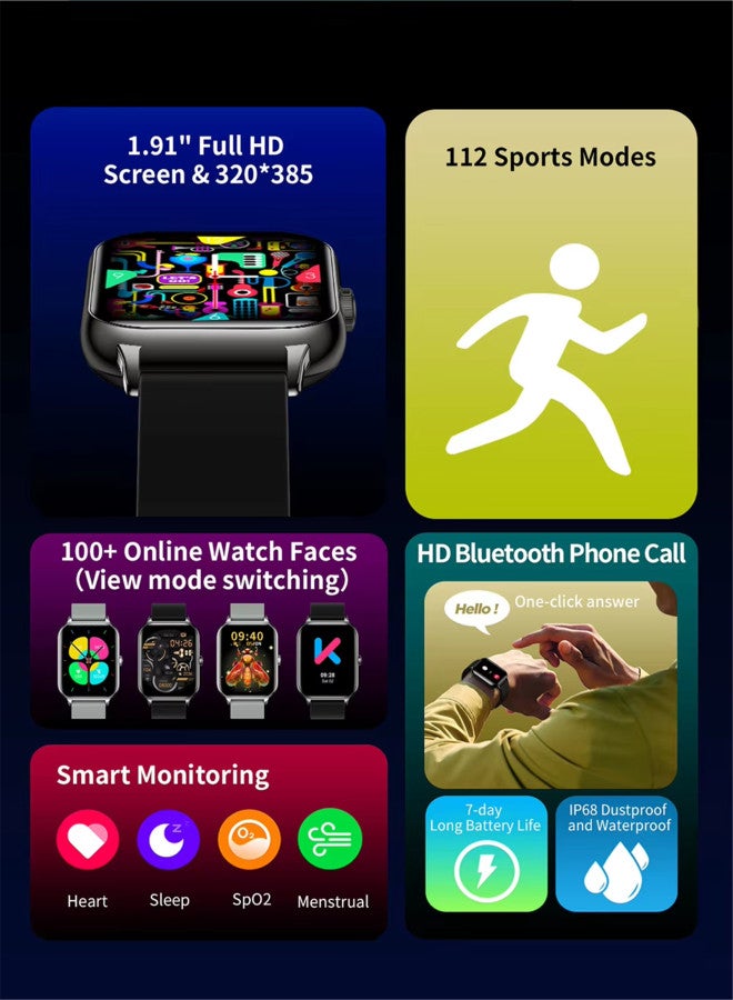 KUMI KU6 Smart Watch 1.91inch Full Screen Smartwatch For Men Women Bluetooth Call 110+ Sport Heart Rate Tracker IP68 Waterproof - Image 3