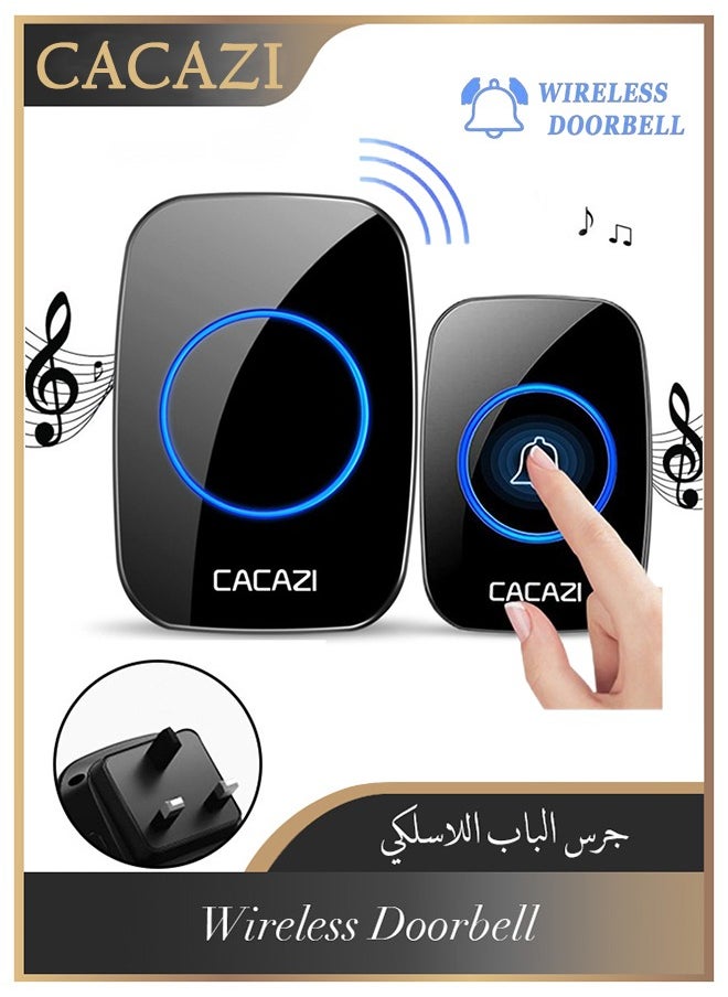 CACAZI - Waterproof Wireless Doorbell with LED Flash, Over 1000 Feet Range, 60 Sounds and 5 Levels of Volume, Cordless Doorbell for Home, Office, Apartment, Hotel, Warehouse and Anti-Theft Black - Image 1