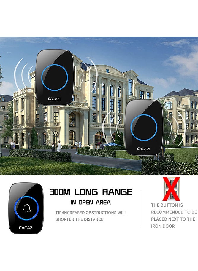 CACAZI - Waterproof Wireless Doorbell with LED Flash, Over 1000 Feet Range, 60 Sounds and 5 Levels of Volume, Cordless Doorbell for Home, Office, Apartment, Hotel, Warehouse and Anti-Theft Black - Image 1