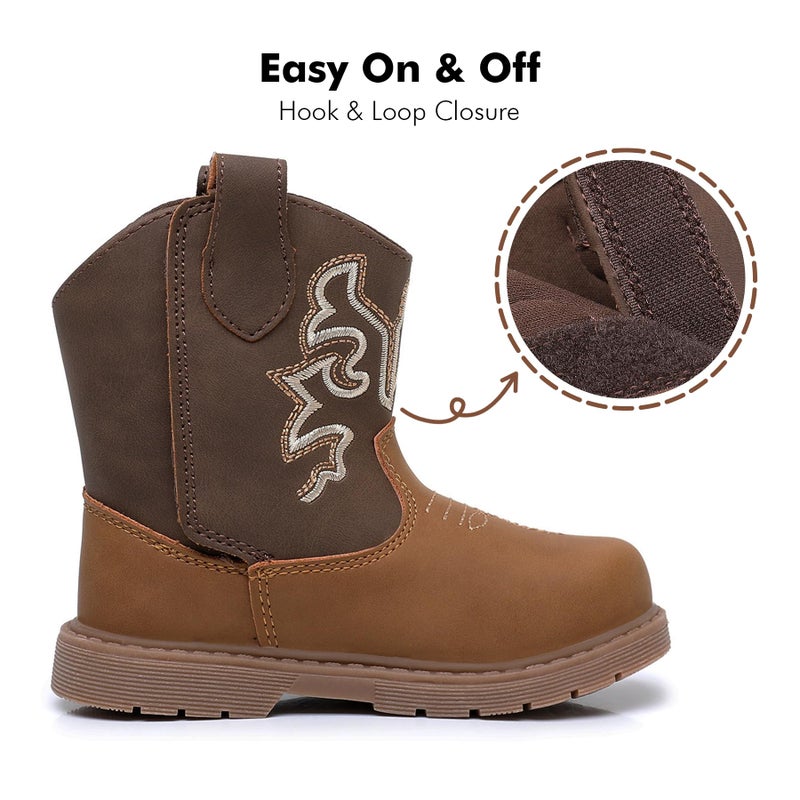 Ahannie Toddler Cowboy Boots for Boys & Girls â€“ Baby Round Toe Western Boots with Hook & Loop Ages 9 Monthsâ€“4 Years (Deep Brown/Brown-5) - Image 3