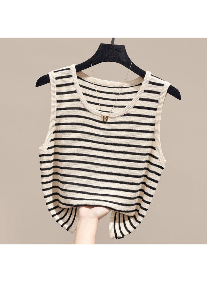 Modal Color-Blocked Striped Knit Camisole For Women, Slim-Fit Sleeveless Short Top For Layering Or Outerwear - Image 2
