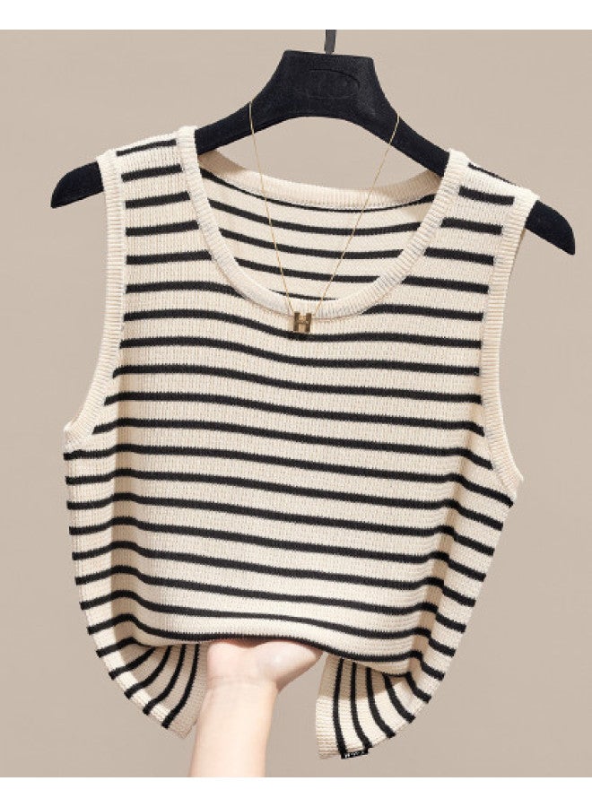 Modal Color-Blocked Striped Knit Camisole For Women, Slim-Fit Sleeveless Short Top For Layering Or Outerwear - Image 1