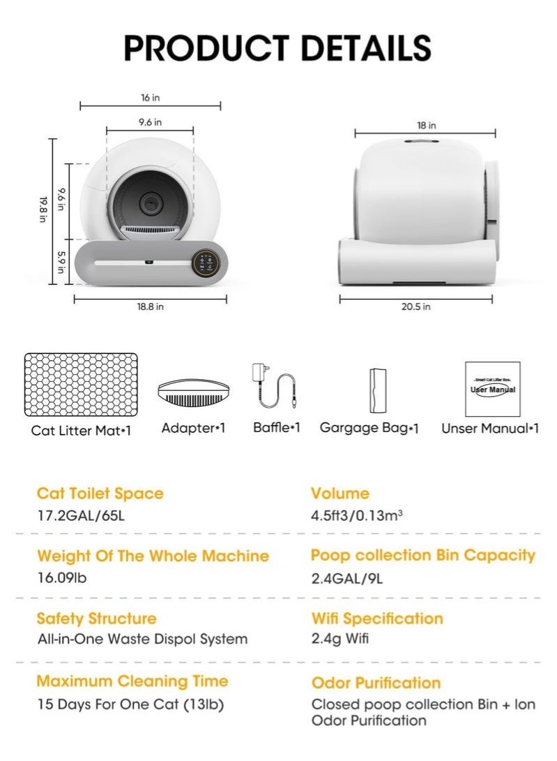 Arabest Automatic Self Cleaning Litter Box 65L Extra Large Cat Litter Box with Smart APP Control for Multiple Cats Anti-Pinch Safety Protection and Odor Removal with Liner & Mat & Garbage bag - Image 2