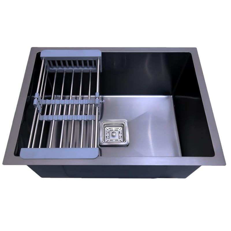 Cloudtail Cloudtail Kitchen SinkWash BasinSingle BowlHand MadeSquare JaliDrainerwith Fruit BasketIdeal for KitchenBathroomMaterial Stainless SteelColor BlackSize 24 x 18 x 10 InchSet of 1  - Image 1
