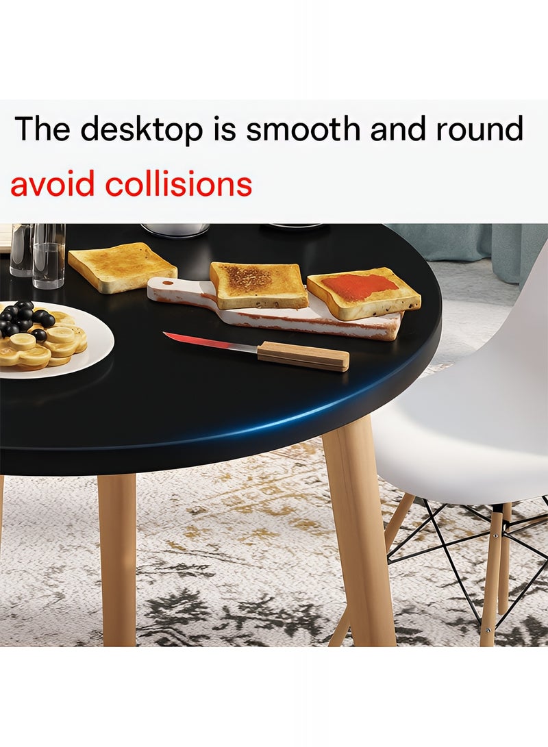 Taimi 5-Piece Dining Set, Modern Round Dining Table with 4 Elegant Chairs | Solid Black Wood Table 80cm with 4 Black Plastic Chairs and Wooden Legs - Image 4