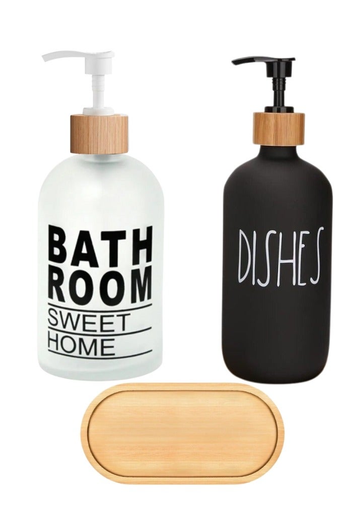Set of 2 Glass Hand Soap Dispenser 400ml with Wooden Holder - Image 1