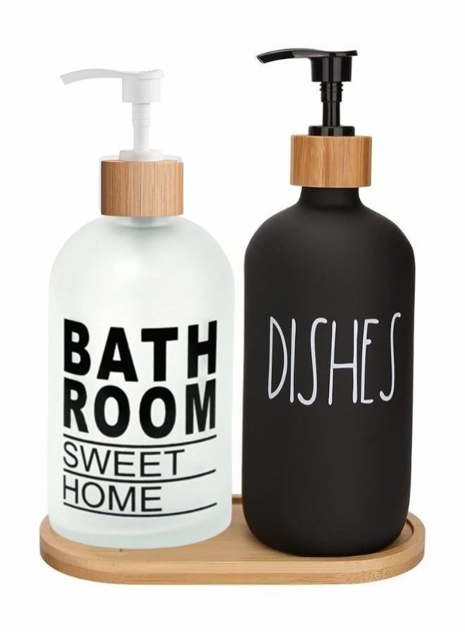 Set of 2 Glass Hand Soap Dispenser 400ml with Wooden Holder - Image 2