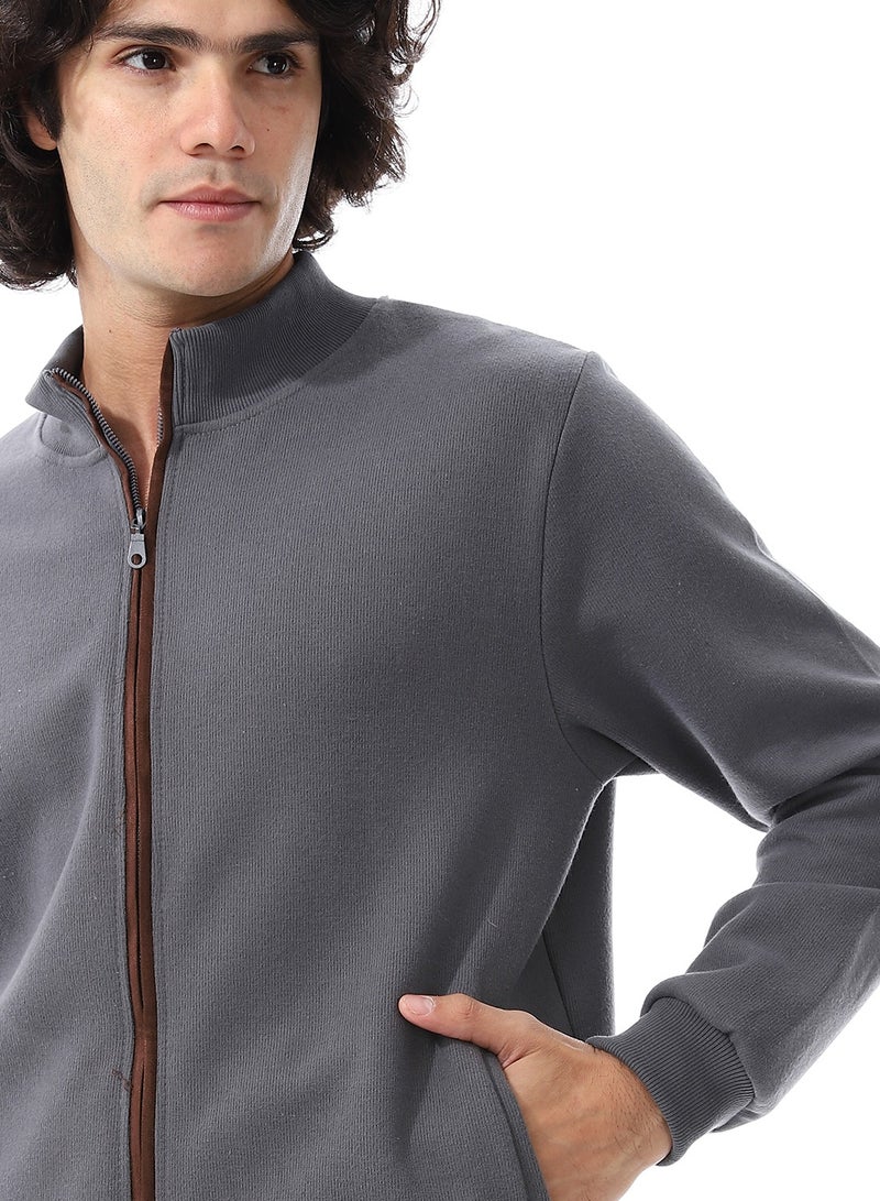 Andora Slash Pockets Plain Zipped Sweatshirt_ Dark Grey  - Image 4