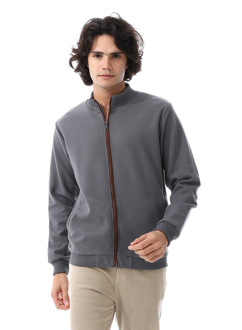 Andora Slash Pockets Plain Zipped Sweatshirt_ Dark Grey  - Image 1