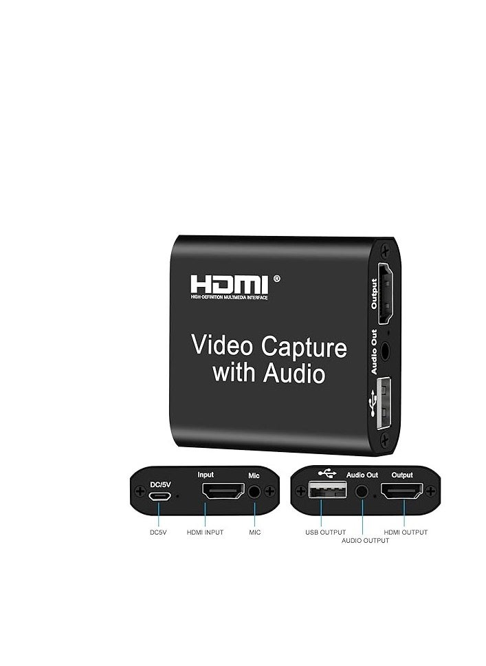 بطاقة التقاط الصوت والفيديو HDMI مع مخرج حلقي، USB 2.0 4K HD 1080P 60FPS HDMI بطاقة التقاط ألعاب الفيديو للبث المباشر لـ PS3/ PS4 / Xbox One/ DSLR/ كاميرات الفيديو/ كاميرا الحركة