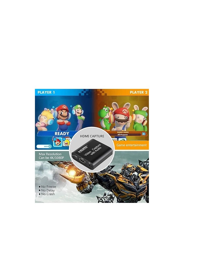 بطاقة التقاط الصوت والفيديو HDMI مع مخرج حلقي، USB 2.0 4K HD 1080P 60FPS HDMI بطاقة التقاط ألعاب الفيديو للبث المباشر لـ PS3/ PS4 / Xbox One/ DSLR/ كاميرات الفيديو/ كاميرا الحركة