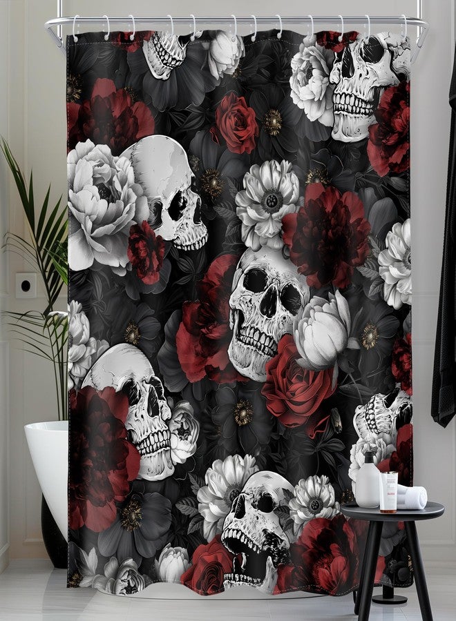 AMBZEK Gothic Skull Shower Curtain，Spooky Skeleton Floral Red Rose Goth Vintage Halloween Mystic Artwork Cloth Fabric Waterproof Polyester Bathroom Decor Set with 12 Pack Hook 60Wx72L Inch - Image 2