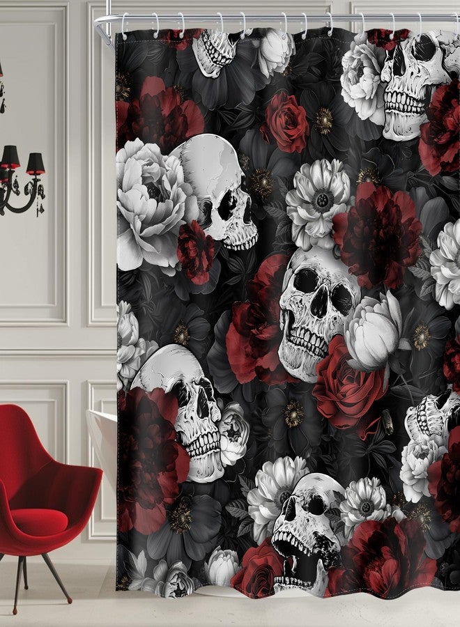 AMBZEK Gothic Skull Shower Curtain，Spooky Skeleton Floral Red Rose Goth Vintage Halloween Mystic Artwork Cloth Fabric Waterproof Polyester Bathroom Decor Set with 12 Pack Hook 60Wx72L Inch - Image 1