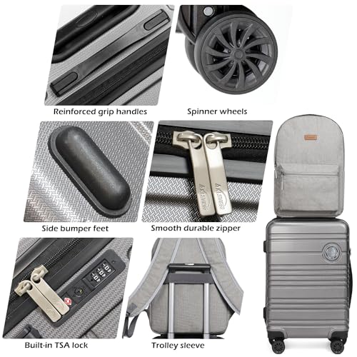 Aklsvion ABS+PC Carry on Luggage set with backpack 3 Pcs suitcace with Spinner wheels TSA Lock 20-In hardshell Lightweight Luggage set(Grey) - Image 3