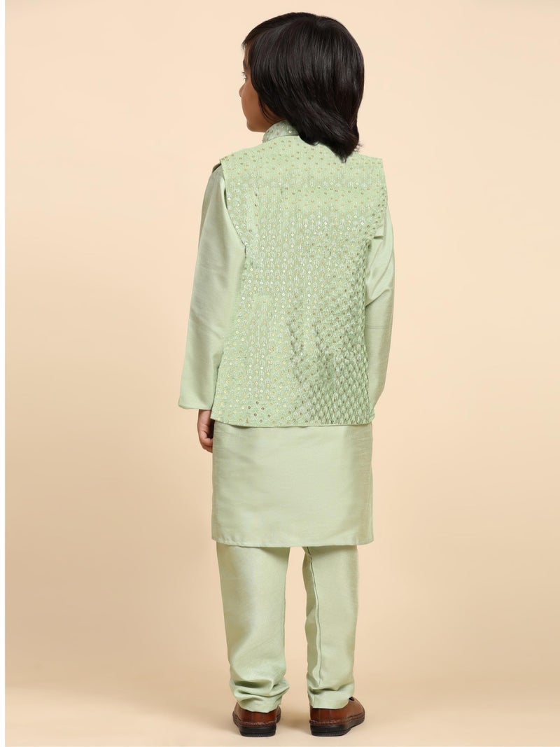 Pro-Ethic Style Developer Boys Silk Kurta & Pant With Waistcoat For Kid's Ethnic Wear|Jacquard Silk Kurta Pajama (S-232), 11-12 Years, Green - Image 4