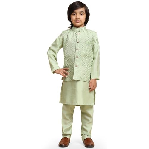 Pro-Ethic Style Developer Boys Silk Kurta & Pant With Waistcoat For Kid's Ethnic Wear|Jacquard Silk Kurta Pajama (S-232), 11-12 Years, Green - Image 1