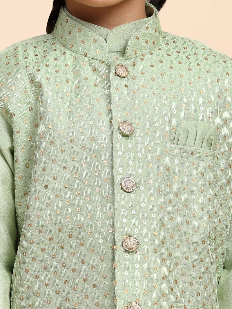 Pro-Ethic Style Developer Boys Silk Kurta & Pant With Waistcoat For Kid's Ethnic Wear|Jacquard Silk Kurta Pajama (S-232), 11-12 Years, Green - Image 5