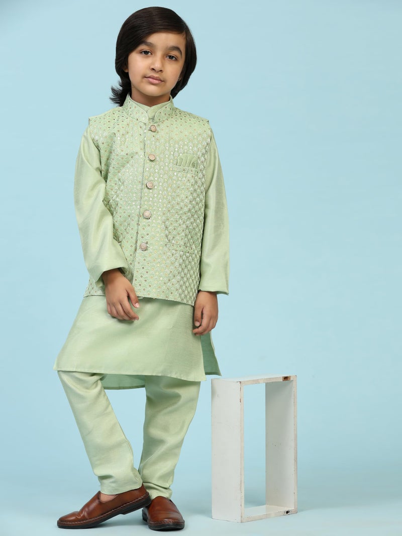 Pro-Ethic Style Developer Boys Silk Kurta & Pant With Waistcoat For Kid's Ethnic Wear|Jacquard Silk Kurta Pajama (S-232), 11-12 Years, Green - Image 2