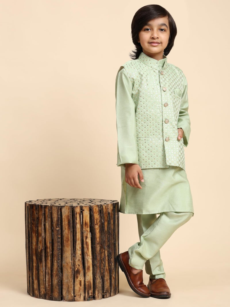 Pro-Ethic Style Developer Boys Silk Kurta & Pant With Waistcoat For Kid's Ethnic Wear|Jacquard Silk Kurta Pajama (S-232), 11-12 Years, Green - Image 3