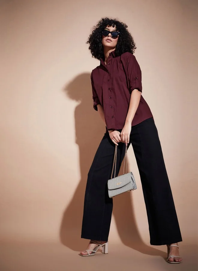 SASSAFRAS Maroon Oversized Casual Shirt for Women