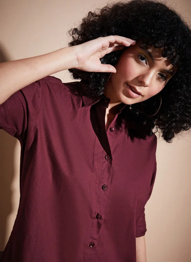 SASSAFRAS Maroon Oversized Casual Shirt for Women