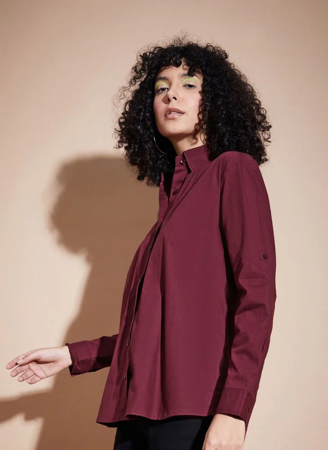 SASSAFRAS Maroon Oversized Casual Shirt for Women