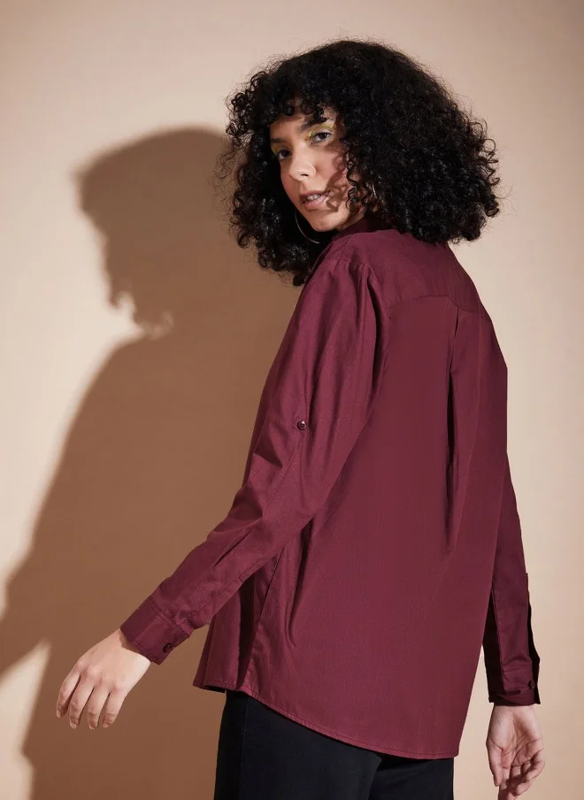 SASSAFRAS Maroon Oversized Casual Shirt for Women