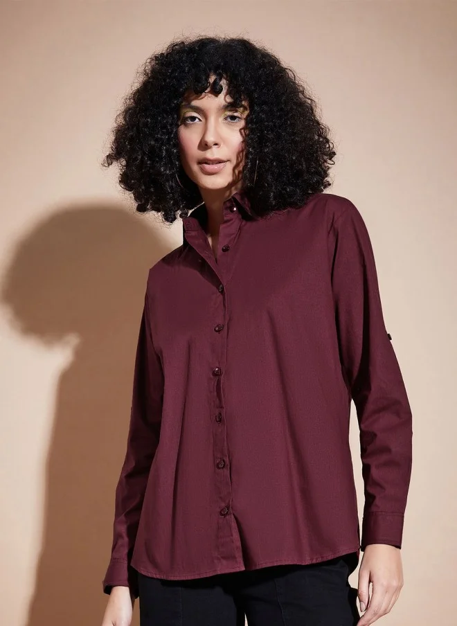 SASSAFRAS Maroon Oversized Casual Shirt for Women