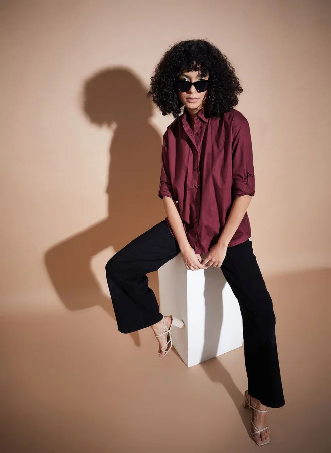 SASSAFRAS Maroon Oversized Casual Shirt for Women