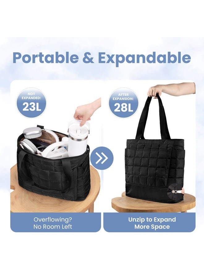 befen Puffer Handbag Women's Large Shopper Bag Portable Laptop Tote Bag Sports Bag Travel Bag with Zip Trolley Cover for Work, Travel, Fitness, B-Black(28L) - Image 3