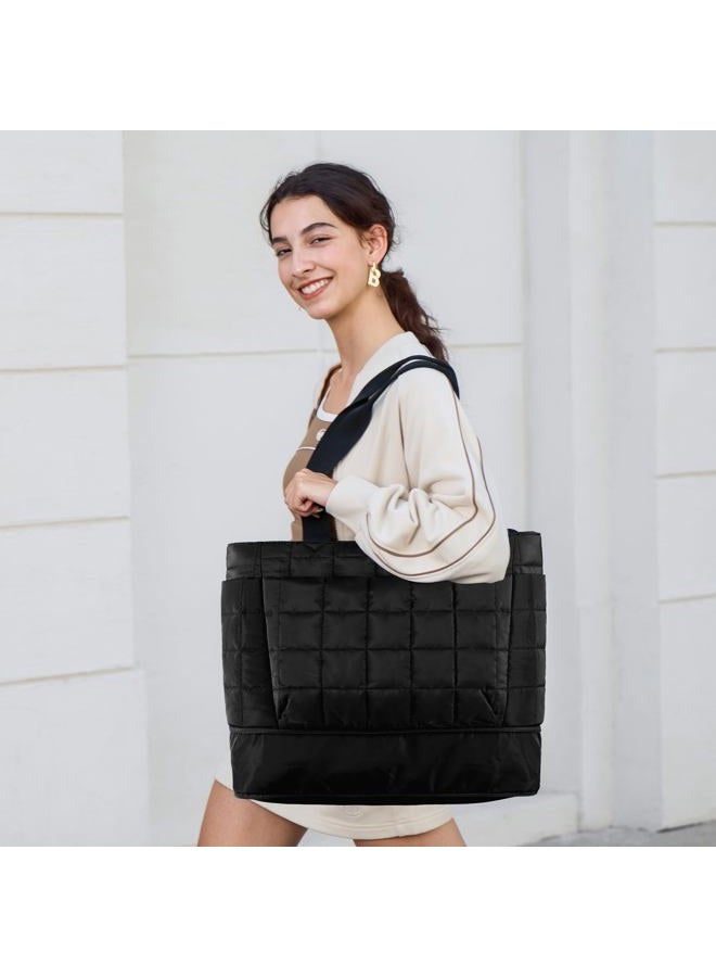 befen Puffer Handbag Women's Large Shopper Bag Portable Laptop Tote Bag Sports Bag Travel Bag with Zip Trolley Cover for Work, Travel, Fitness, B-Black(28L) - Image 2