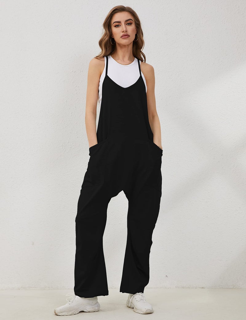 Lentta Women's Causal Jumpsuits V Neck Sleeveless Harem Overalls Stretchy Adjustable Strap Romper with Pockets(Black-XL) - Image 4