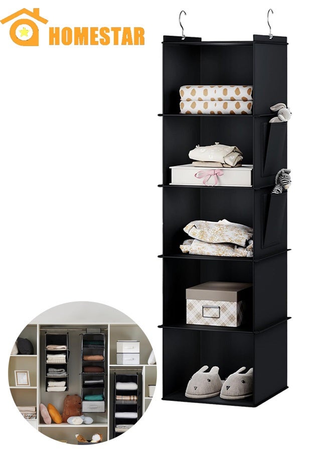 HOMESTAR 5 Tier Hanging Closet Organizer, Hanging Storage Organizer, Wardrobe Hanging Organizer, Portable Hanging Closet Shelf Organizer, Fabric Hanging Shelves for Clothes, Black - Image 1