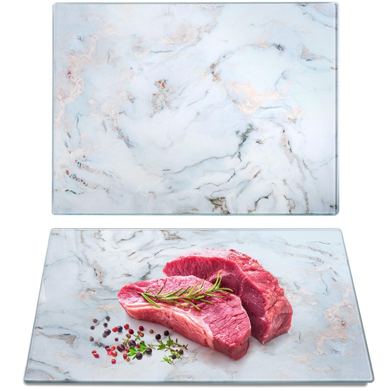 WRINGKIT Set of 2 Glass Cutting Board with Marble Pattern Tempered Glass Chopping Board with NonSlip Feet 16x 12 Large Glass Board for Countertop Kitchen Dishwasher Safe